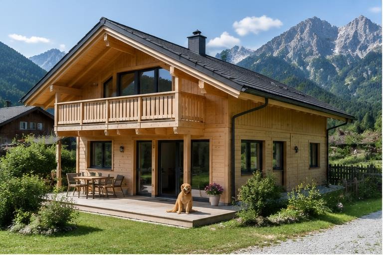 Alpine Retreat with a dog outside